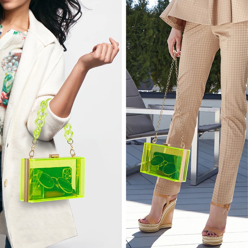 WJCD Women Clear Purse Acrylic Box Clutch Handbag, Small Transparent Crossbody Evening Bag Stadium Approved Gold Chain Strap (Green 2 chains) - Image 4
